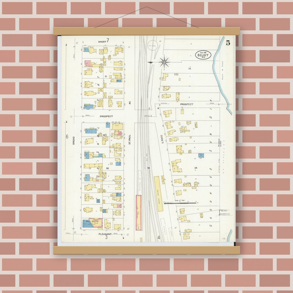 Old map wall art mockup — magnetic wood frame on brick wall — Sanborn Fire Insurance Map from Beloit, Rock County, Wisconsin (1908), Sheet #0005