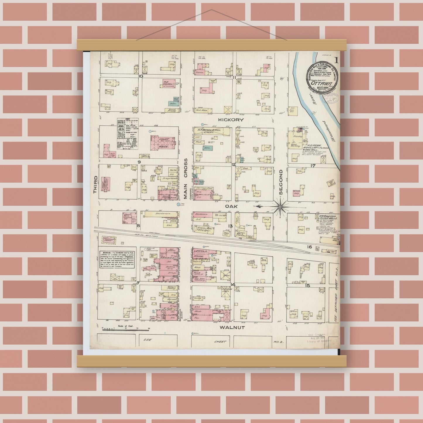 Old map wall art mockup — magnetic wood frame on brick wall — Sanborn Fire Insurance Map from Ottawa, Putnam County, Ohio (1884), Sheet #0001