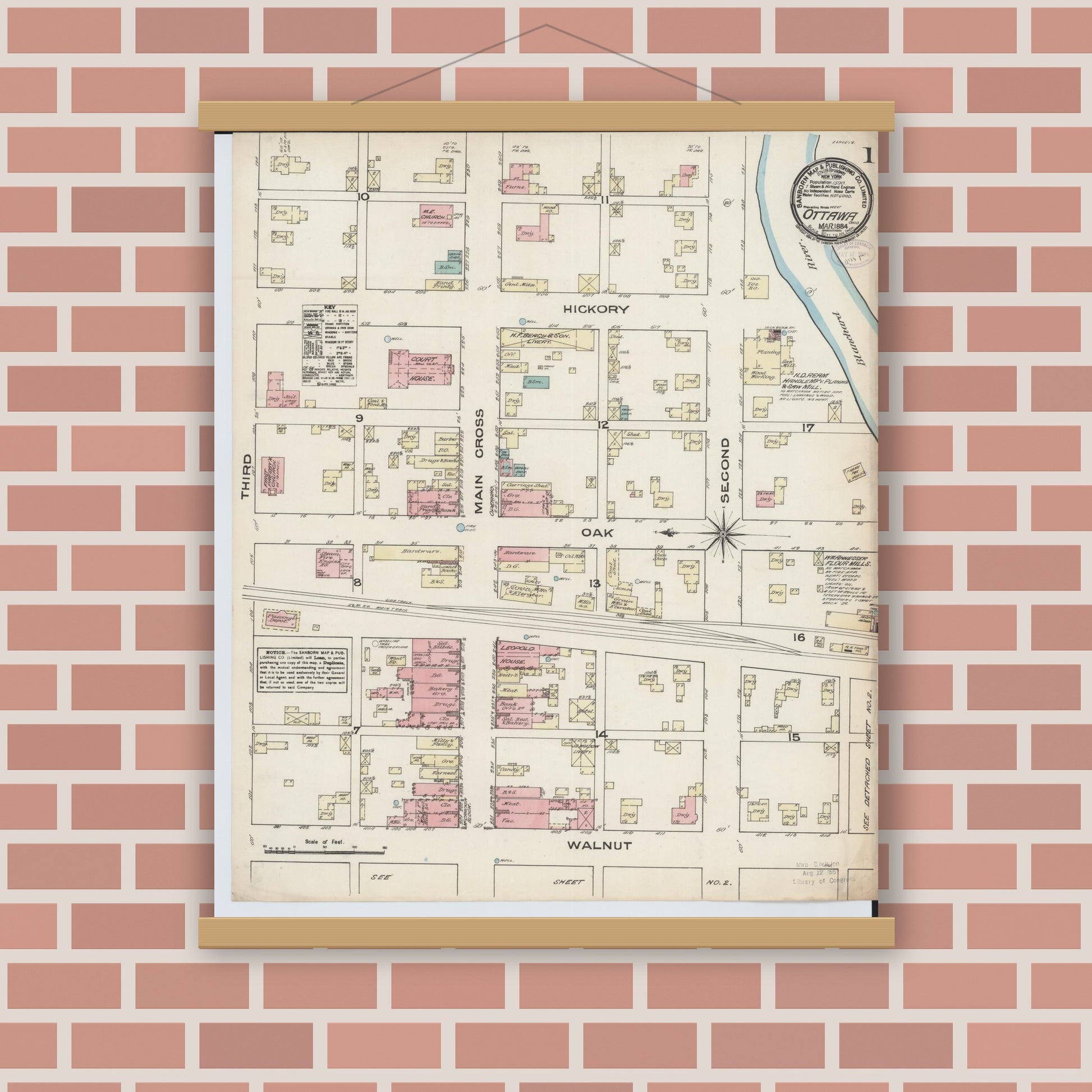 Old map wall art mockup — magnetic wood frame on brick wall — Sanborn Fire Insurance Map from Ottawa, Putnam County, Ohio (1884), Sheet #0001