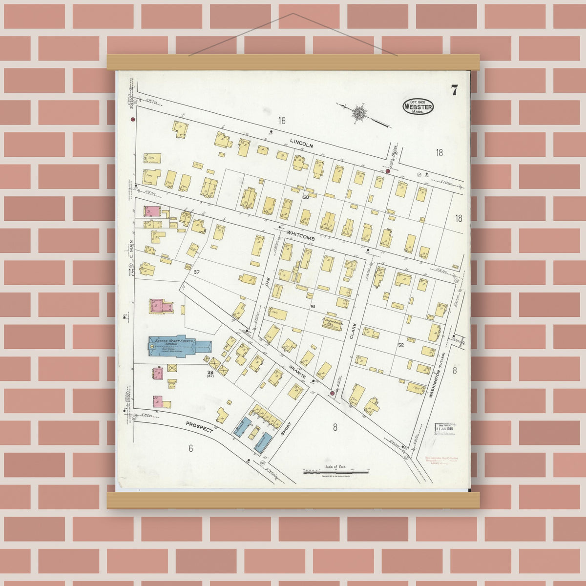 Old map wall art mockup — magnetic wood frame on brick wall — Sanborn Fire Insurance Map from Webster, Worcester County, Massachusetts (1920), Sheet #0007