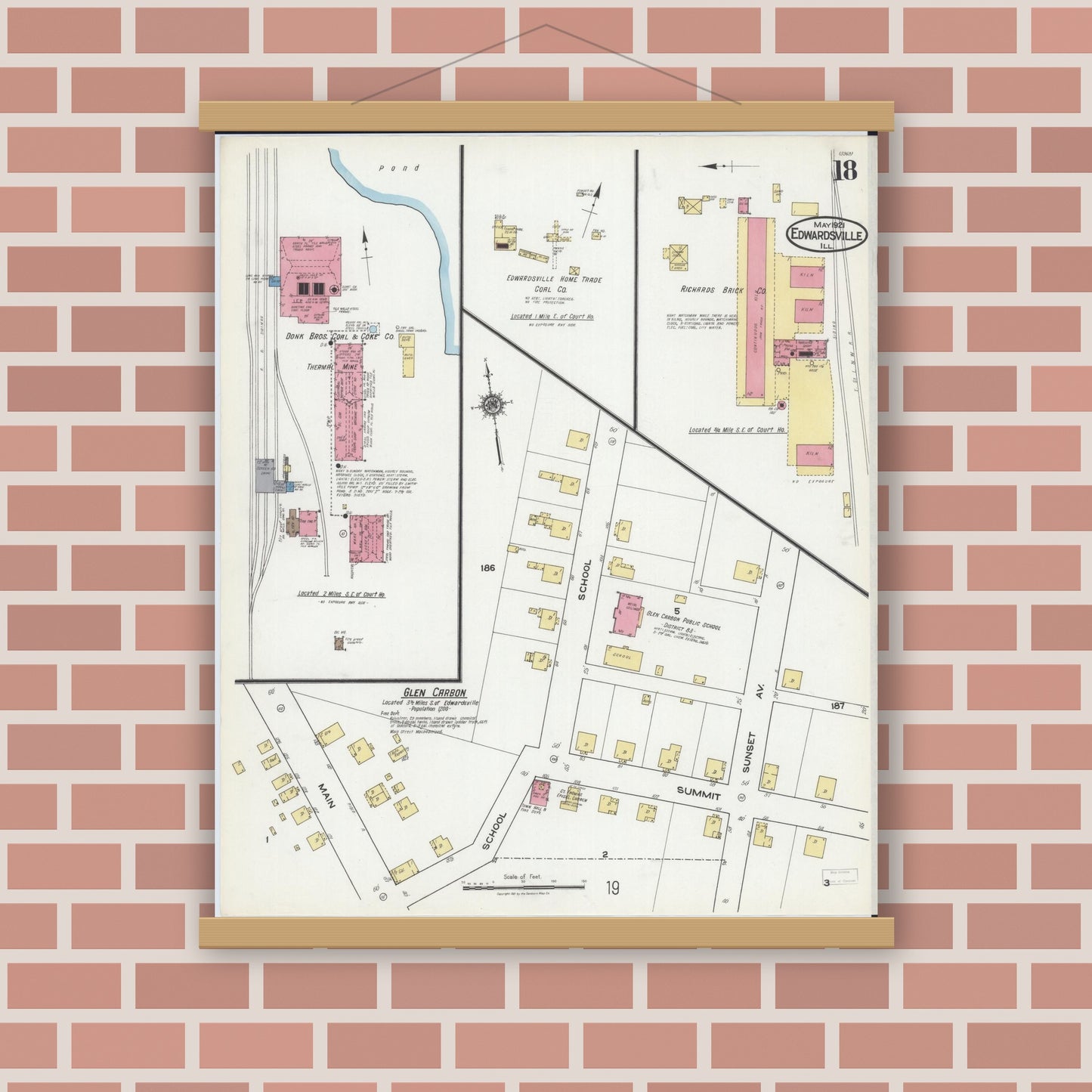 Old map wall art mockup — magnetic wood frame on brick wall — Sanborn Fire Insurance Map from Edwardsville, Madison County, Illinois (1921), Sheet #0018