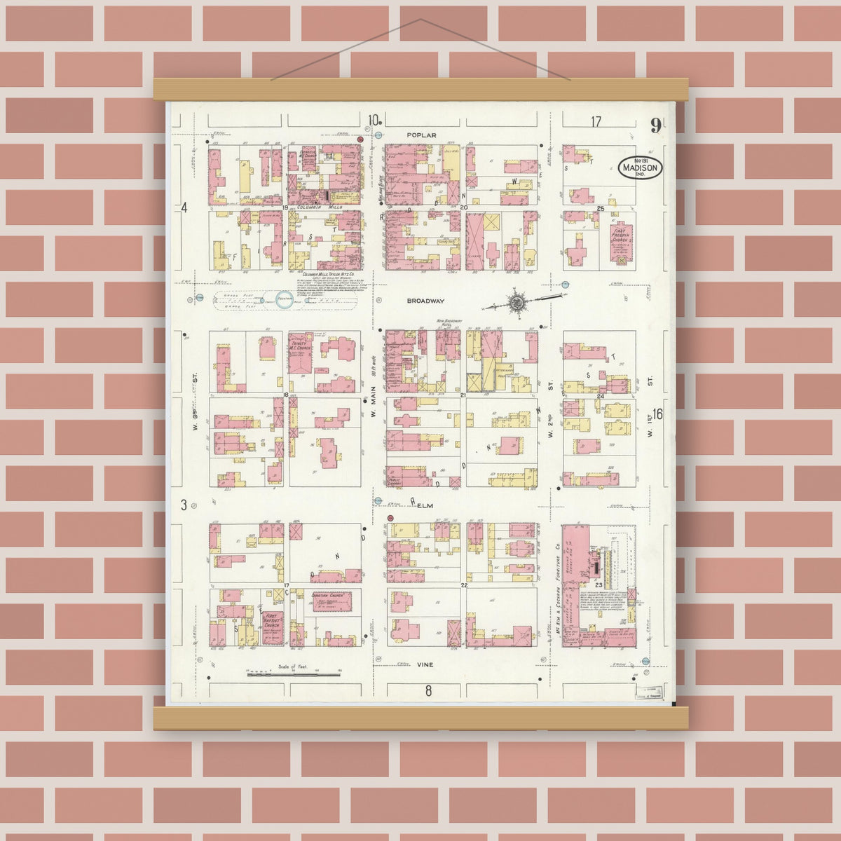 Old map wall art mockup — magnetic wood frame on brick wall — Sanborn Fire Insurance Map from Madison, Jefferson County, Indiana (1911), Sheet #0009