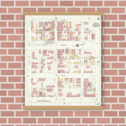 Old map wall art mockup — magnetic wood frame on brick wall — Sanborn Fire Insurance Map from Madison, Jefferson County, Indiana (1911), Sheet #0009