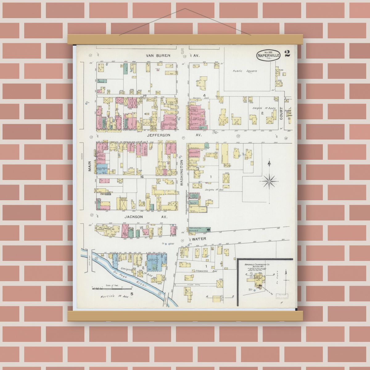 Old map wall art mockup — magnetic wood frame on brick wall — Sanborn Fire Insurance Map from Naperville, Du Page County, Illinois (1892), Sheet #0002