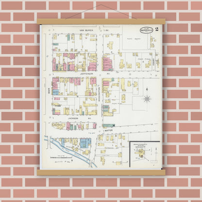 Old map wall art mockup — magnetic wood frame on brick wall — Sanborn Fire Insurance Map from Naperville, Du Page County, Illinois (1892), Sheet #0002