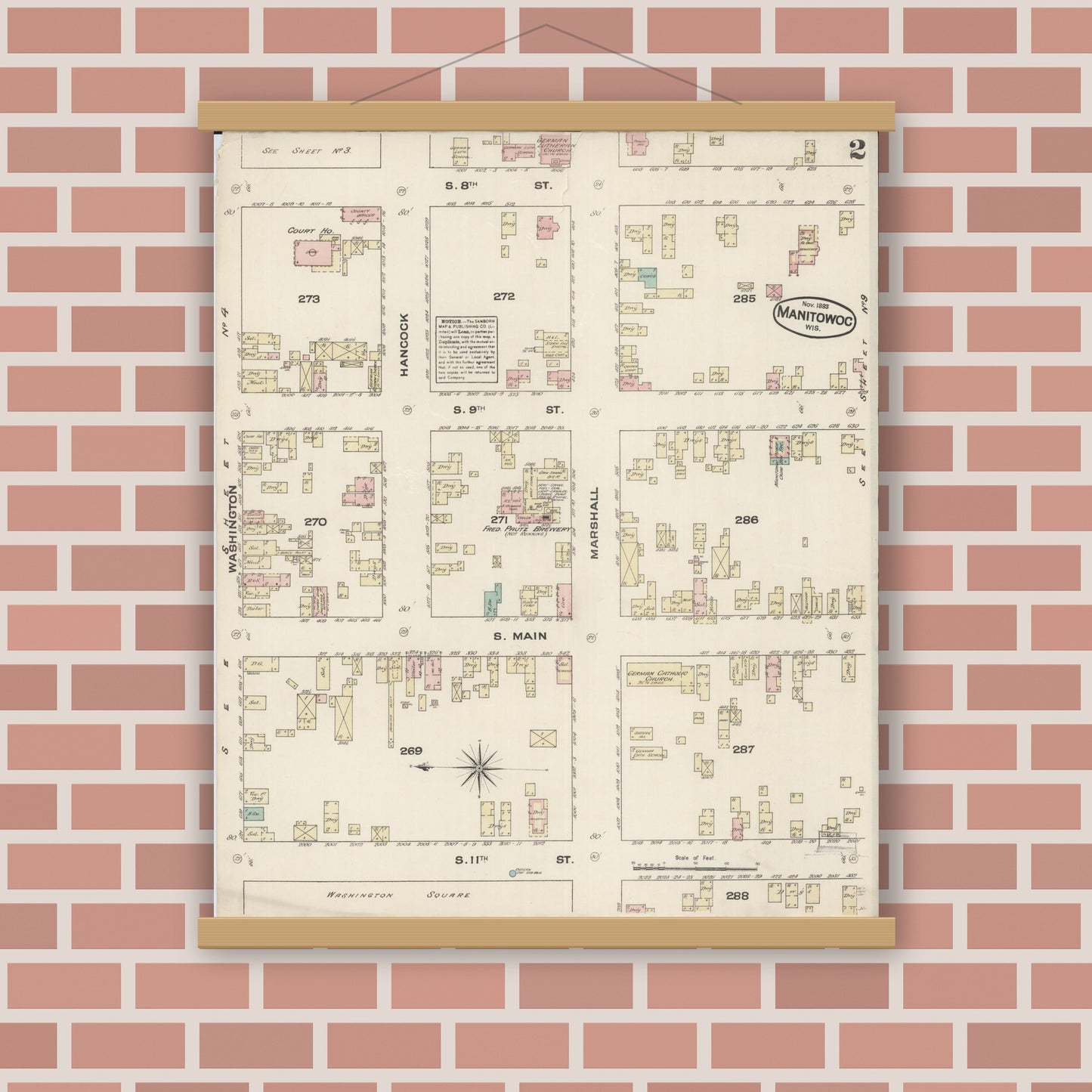 Old map wall art mockup — magnetic wood frame on brick wall — Sanborn Fire Insurance Map from Manitowoc, Manitowoc County, Wisconsin (1883), Sheet #0002