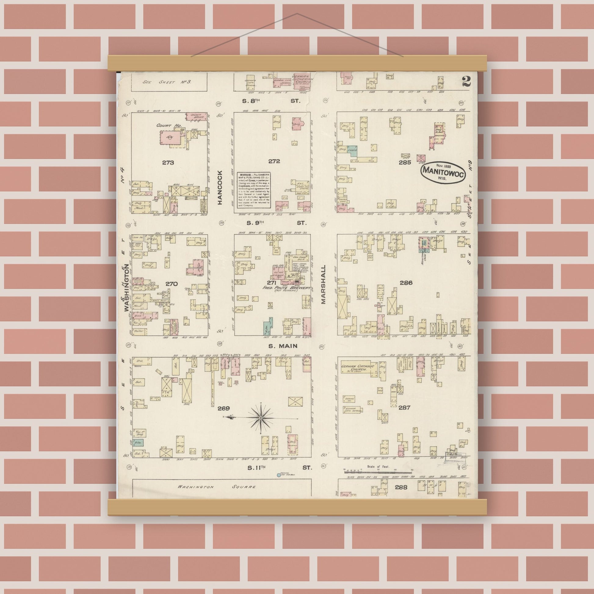 Old map wall art mockup — magnetic wood frame on brick wall — Sanborn Fire Insurance Map from Manitowoc, Manitowoc County, Wisconsin (1883), Sheet #0002