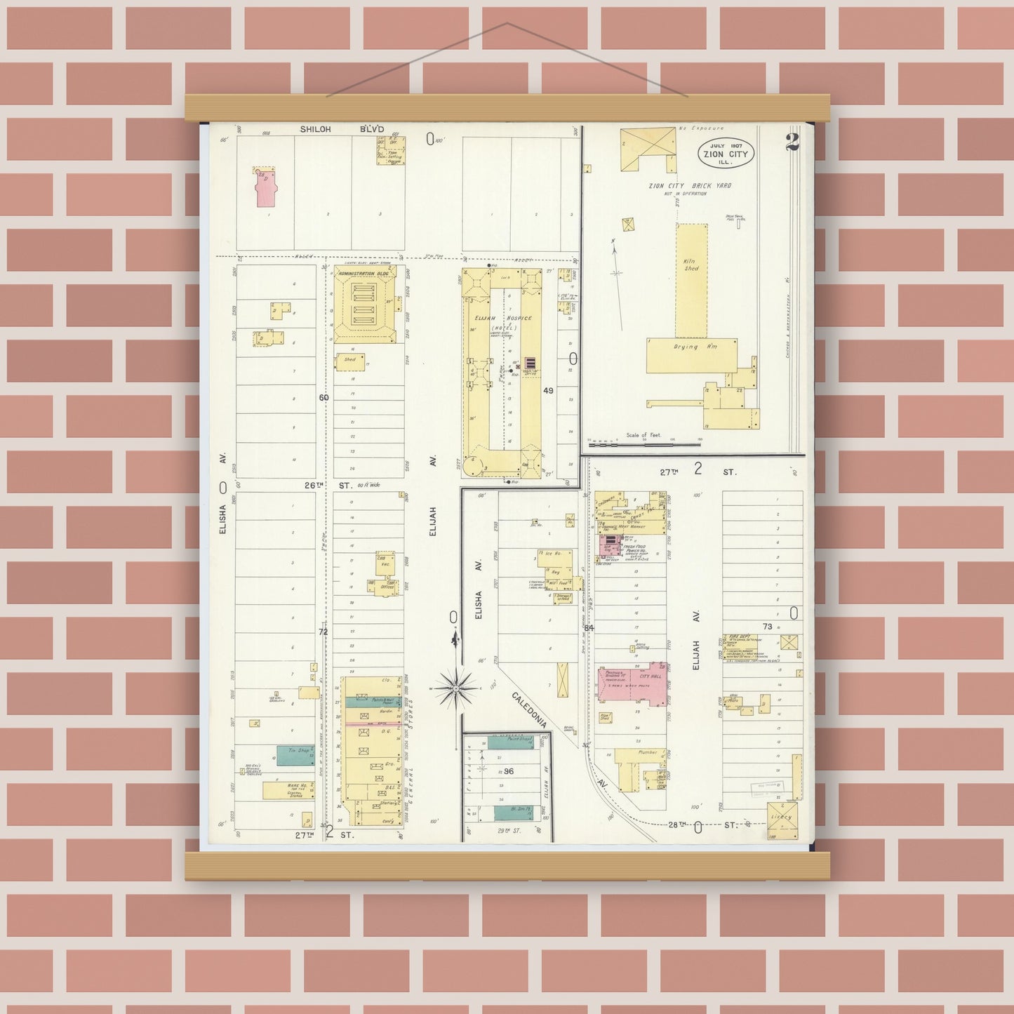 Old map wall art mockup — magnetic wood frame on brick wall — Sanborn Fire Insurance Map from Zion, Lake County, Illinois (1907), Sheet #0002