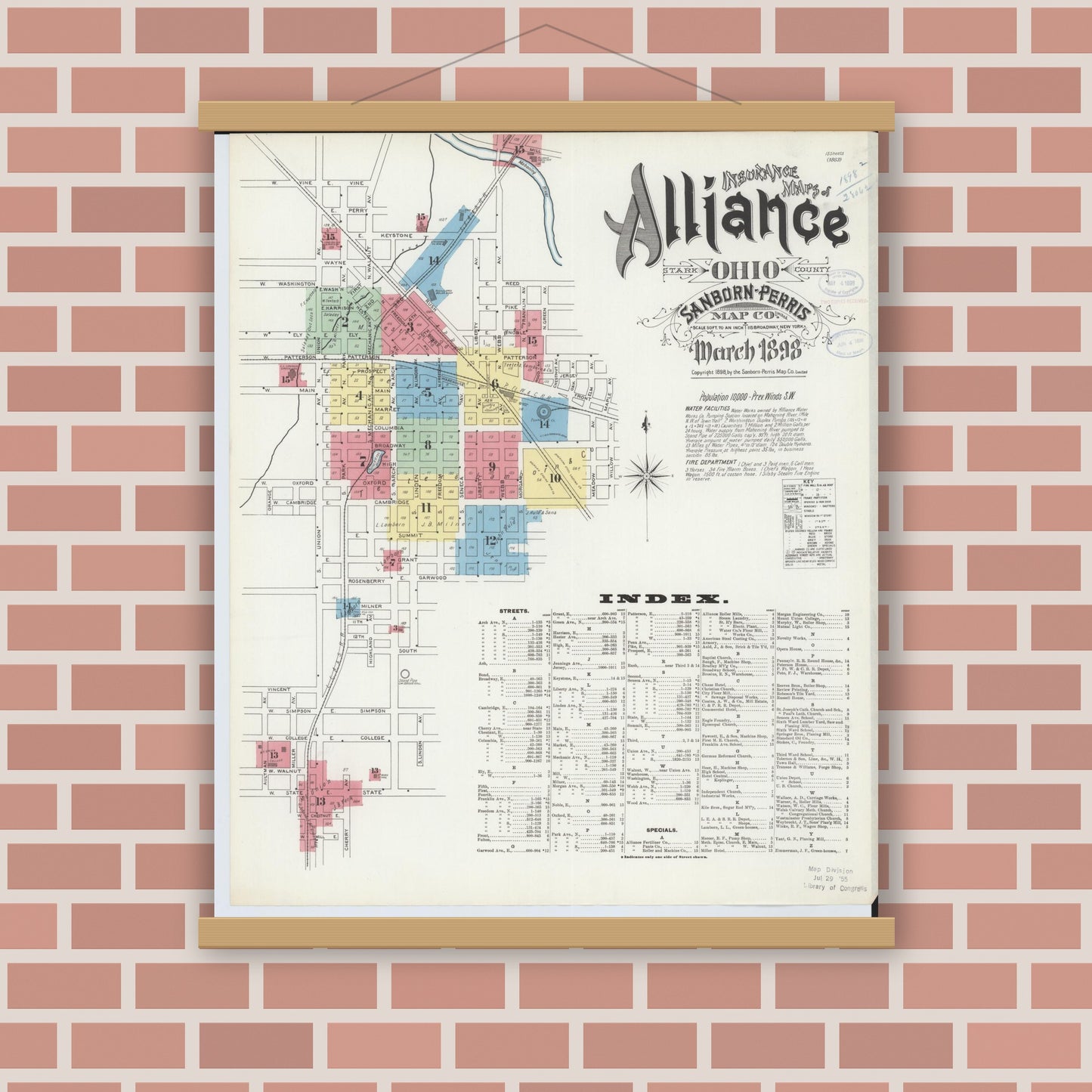Old map wall art mockup — magnetic wood frame on brick wall — Sanborn Fire Insurance Map from Alliance, Stark County, Ohio (1898) - Complete Map Set