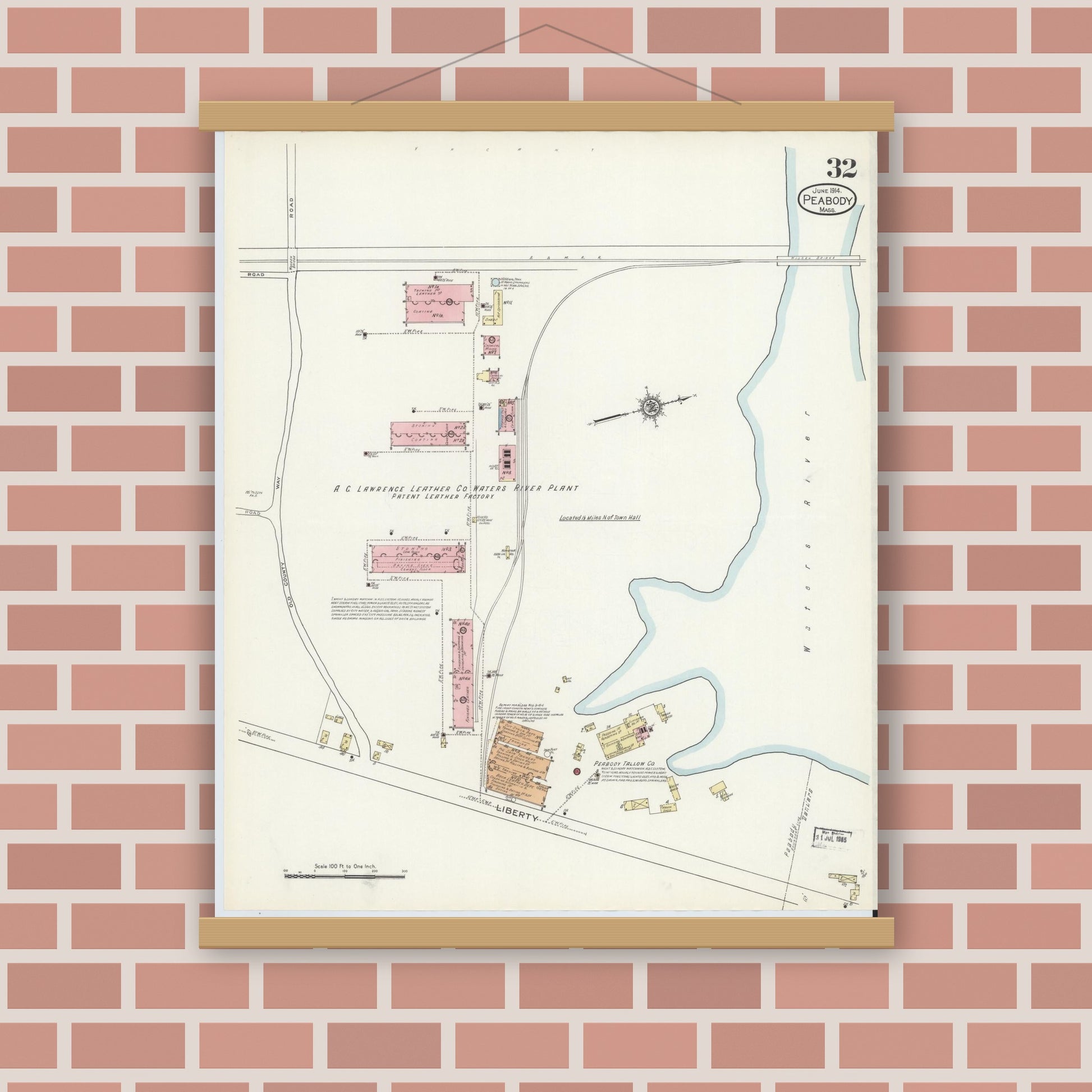 Old map wall art mockup — magnetic wood frame on brick wall — Sanborn Fire Insurance Map from Peabody, Essex County, Massachusetts (1914), Sheet #0032