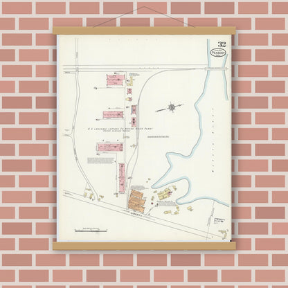 Old map wall art mockup — magnetic wood frame on brick wall — Sanborn Fire Insurance Map from Peabody, Essex County, Massachusetts (1914), Sheet #0032