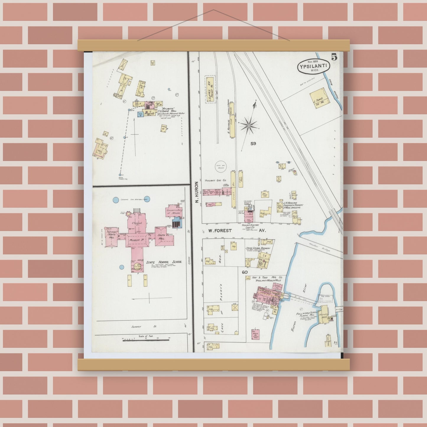 Old map wall art mockup — magnetic wood frame on brick wall — Sanborn Fire Insurance Map from Ypsilanti, Washtenaw County, Michigan (1888), Sheet #0005