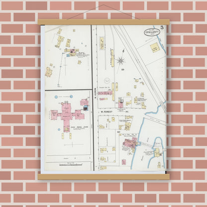 Old map wall art mockup — magnetic wood frame on brick wall — Sanborn Fire Insurance Map from Ypsilanti, Washtenaw County, Michigan (1888), Sheet #0005