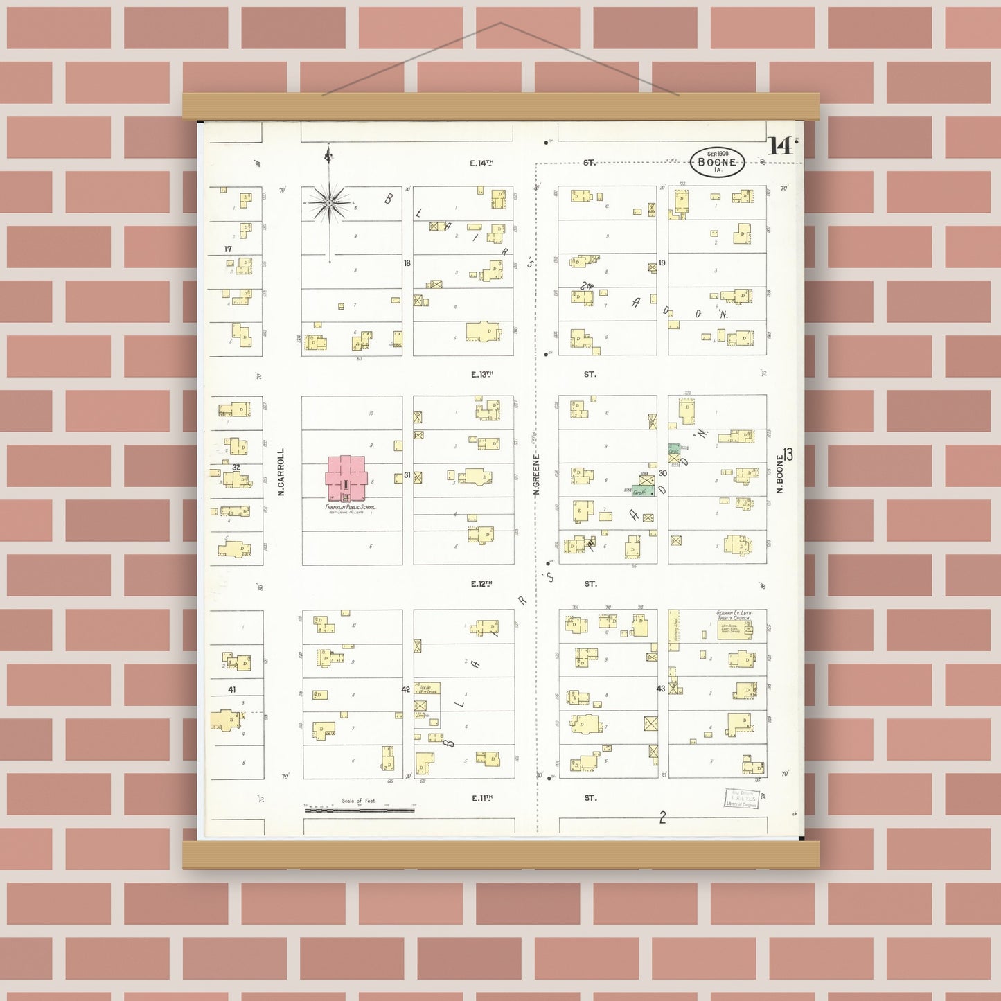 Old map wall art mockup — magnetic wood frame on brick wall — Sanborn Fire Insurance Map from Boone, Boone County, Iowa (1900), Sheet #0014