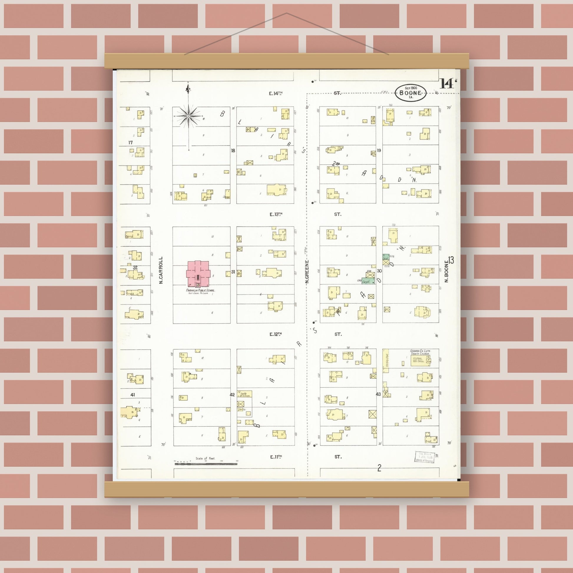 Old map wall art mockup — magnetic wood frame on brick wall — Sanborn Fire Insurance Map from Boone, Boone County, Iowa (1900), Sheet #0014