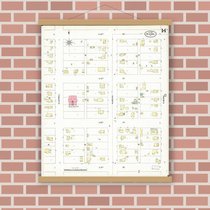 Old map wall art mockup — magnetic wood frame on brick wall — Sanborn Fire Insurance Map from Boone, Boone County, Iowa (1900), Sheet #0014