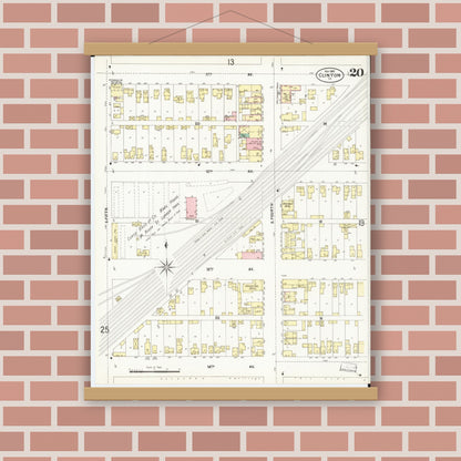 Old map wall art mockup — magnetic wood frame on brick wall — Sanborn Fire Insurance Map from Clinton, Clinton County, Iowa (1897), Sheet #0020