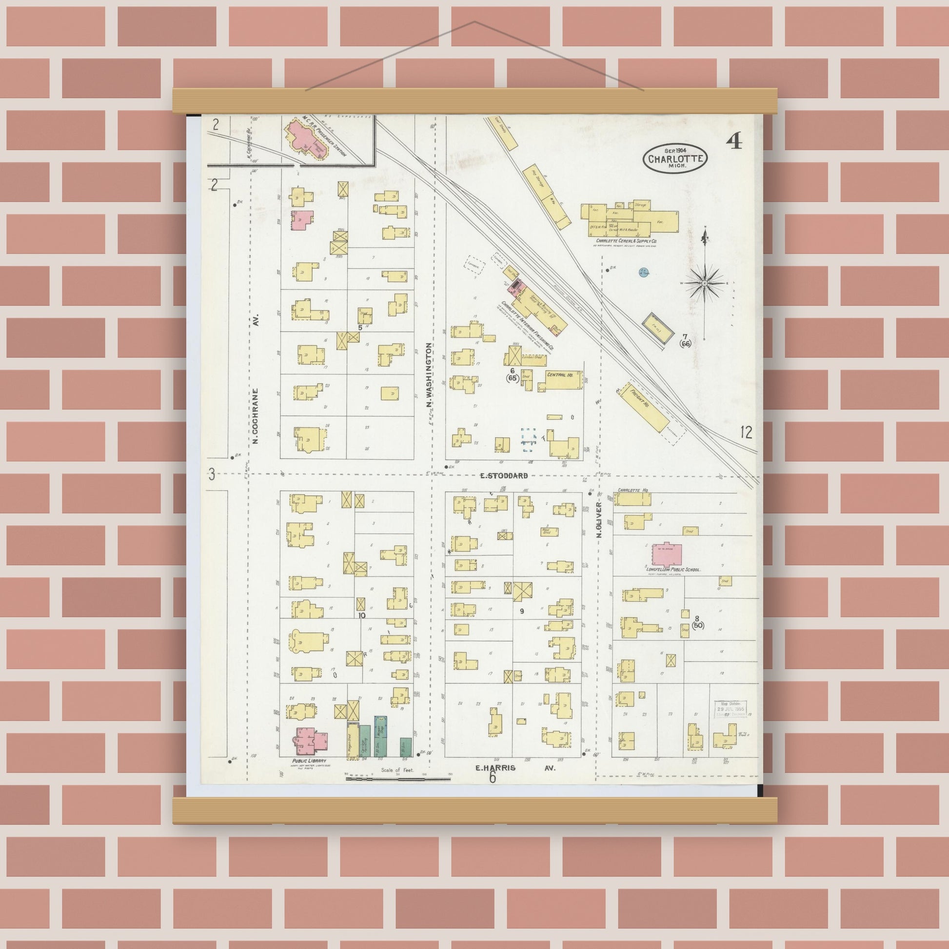 Old map wall art mockup — magnetic wood frame on brick wall — Sanborn Fire Insurance Map from Charlotte, Eaton County, Michigan (1904), Sheet #0004