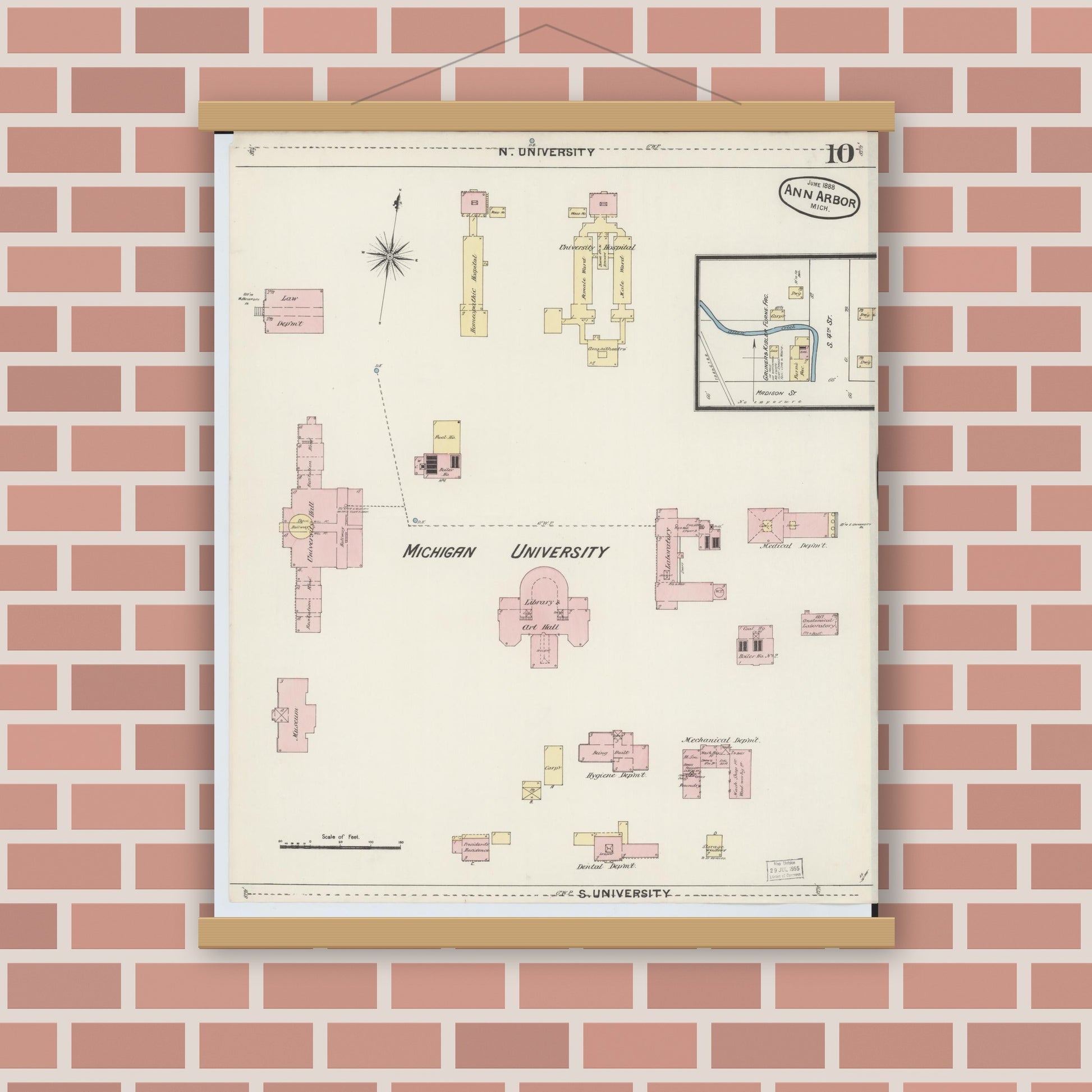 Old map wall art mockup — magnetic wood frame on brick wall — Sanborn Fire Insurance Map from Ann Arbor, Washtenaw County, Michigan (1888), Sheet #0010