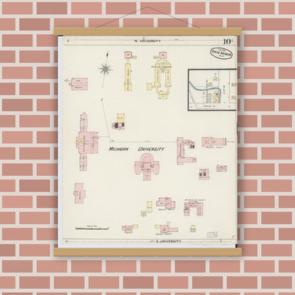 Old map wall art mockup — magnetic wood frame on brick wall — Sanborn Fire Insurance Map from Ann Arbor, Washtenaw County, Michigan (1888), Sheet #0010