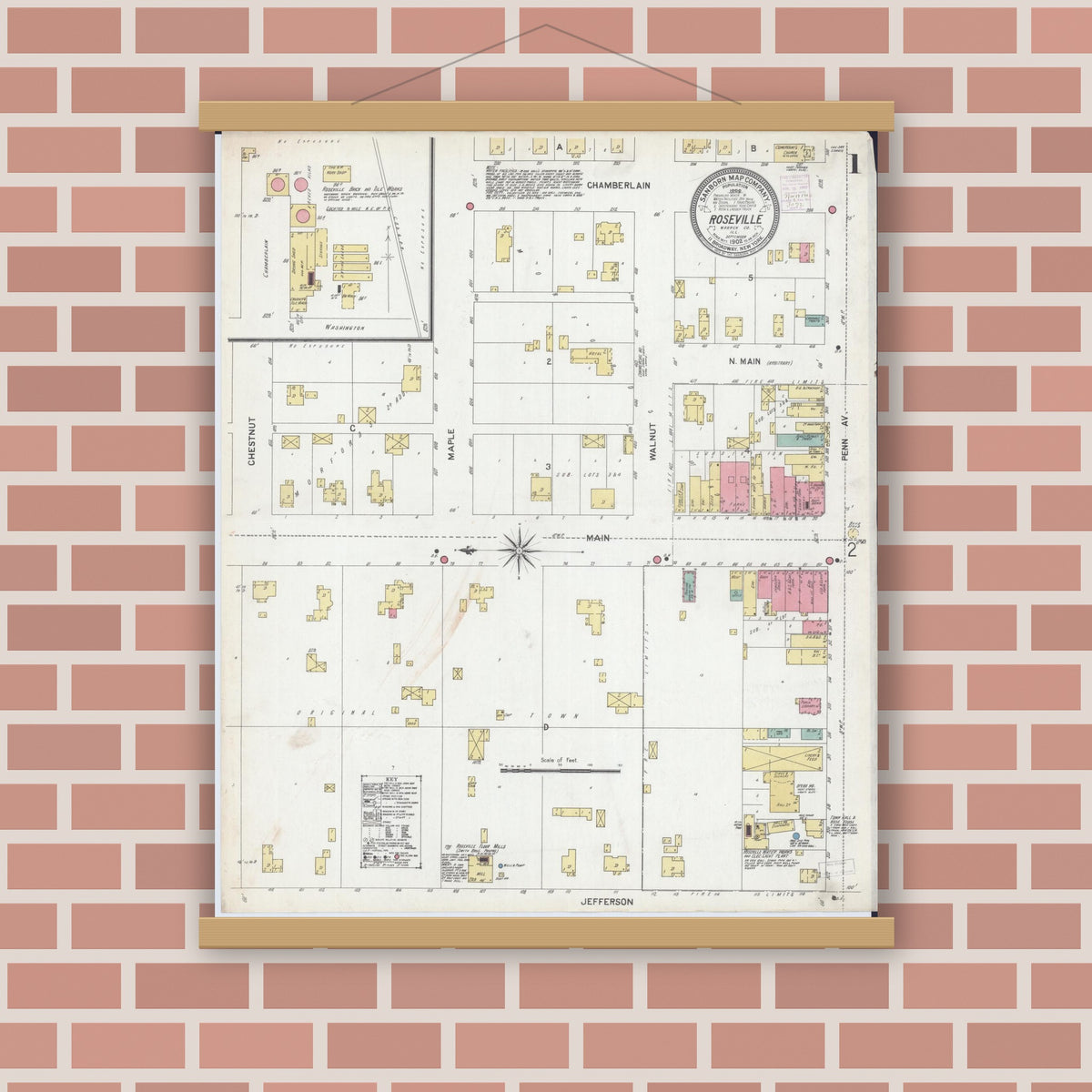 Old map wall art mockup — magnetic wood frame on brick wall — Sanborn Fire Insurance Map from Roseville, Warren County, Illinois (1902), Sheet #0001