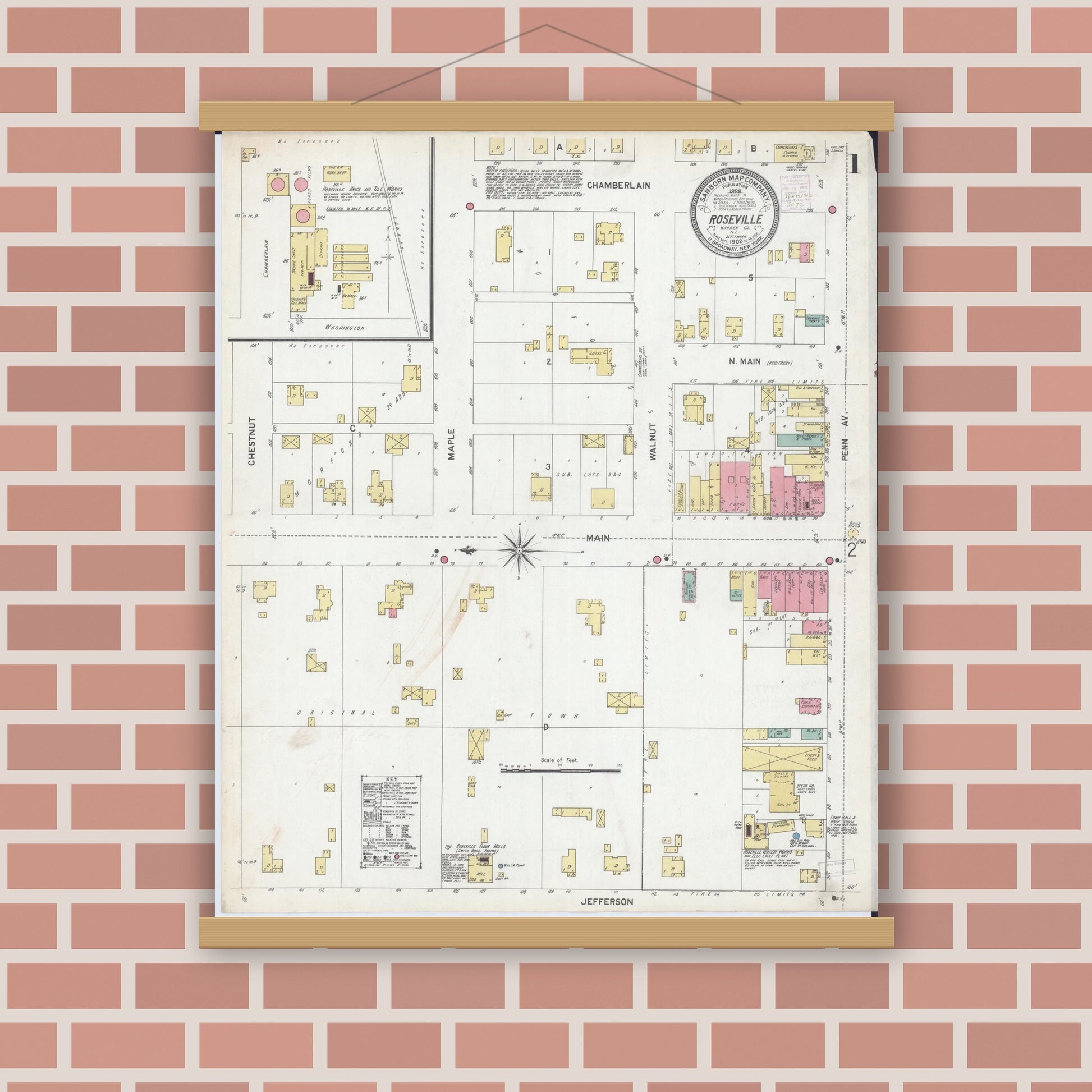 Old map wall art mockup — magnetic wood frame on brick wall — Sanborn Fire Insurance Map from Roseville, Warren County, Illinois (1902), Sheet #0001