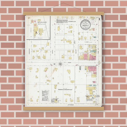 Old map wall art mockup — magnetic wood frame on brick wall — Sanborn Fire Insurance Map from Roseville, Warren County, Illinois (1902), Sheet #0001
