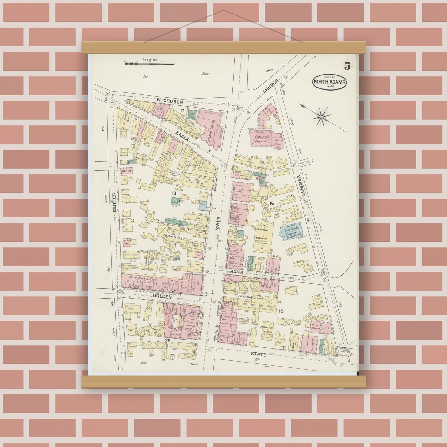 Old map wall art mockup — magnetic wood frame on brick wall — Sanborn Fire Insurance Map from North Adams, Berkshire County, Massachusetts (1888), Sheet #0005