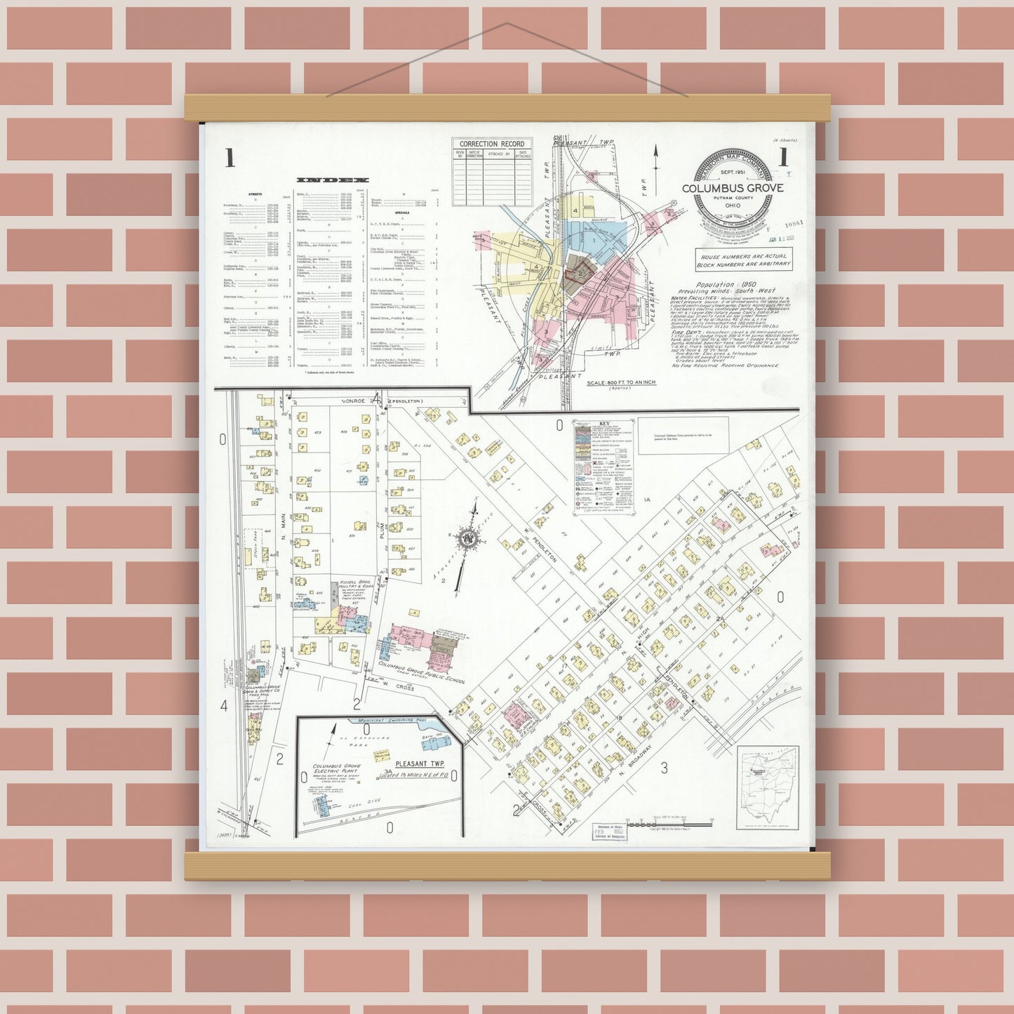 Old map wall art mockup — magnetic wood frame on brick wall — Sanborn Fire Insurance Map from Columbus Grove, Putnam County, Ohio (1951) - Complete Map Set