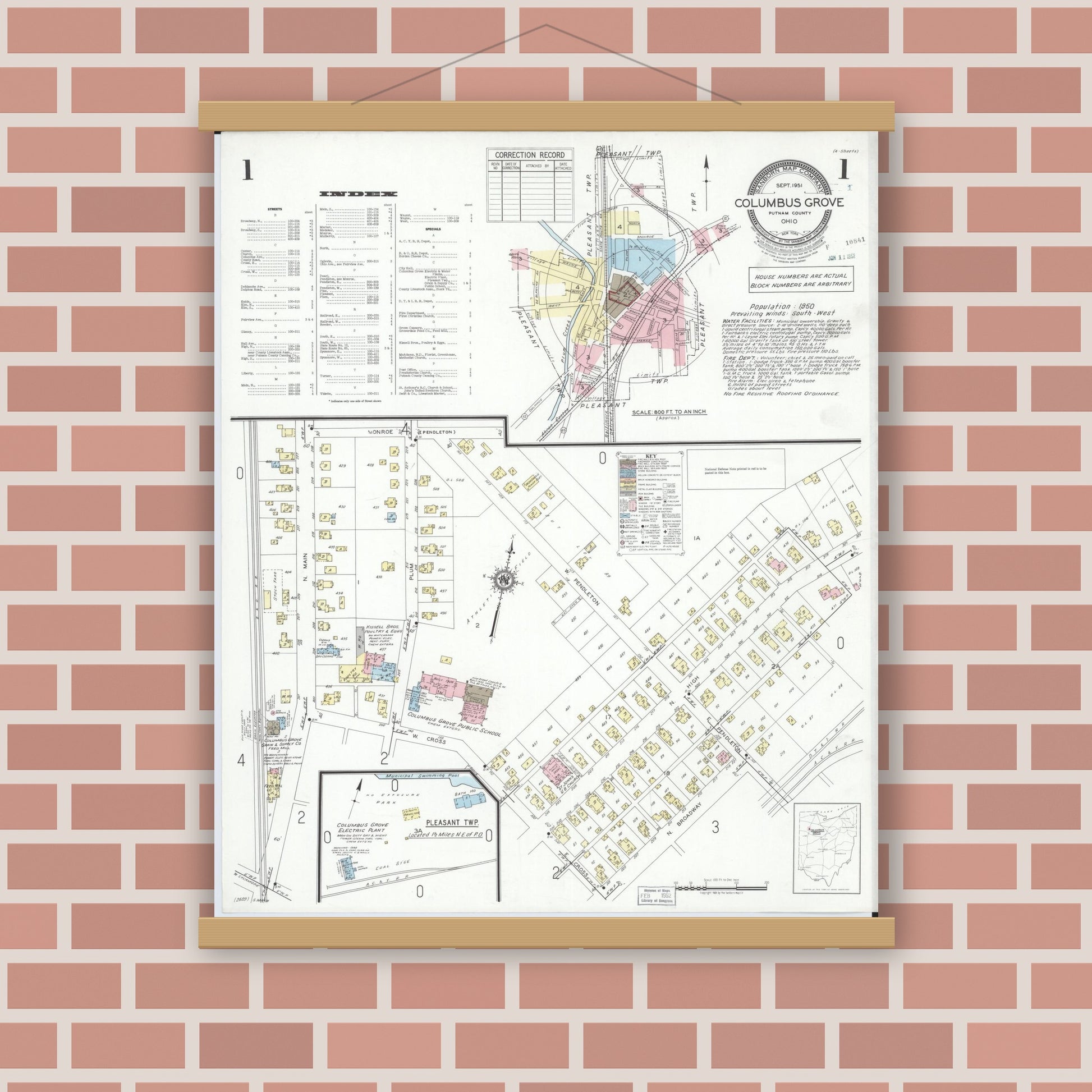 Old map wall art mockup — magnetic wood frame on brick wall — Sanborn Fire Insurance Map from Columbus Grove, Putnam County, Ohio (1951) - Complete Map Set