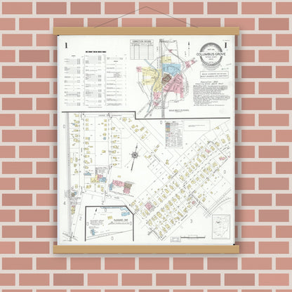 Old map wall art mockup — magnetic wood frame on brick wall — Sanborn Fire Insurance Map from Columbus Grove, Putnam County, Ohio (1951) - Complete Map Set