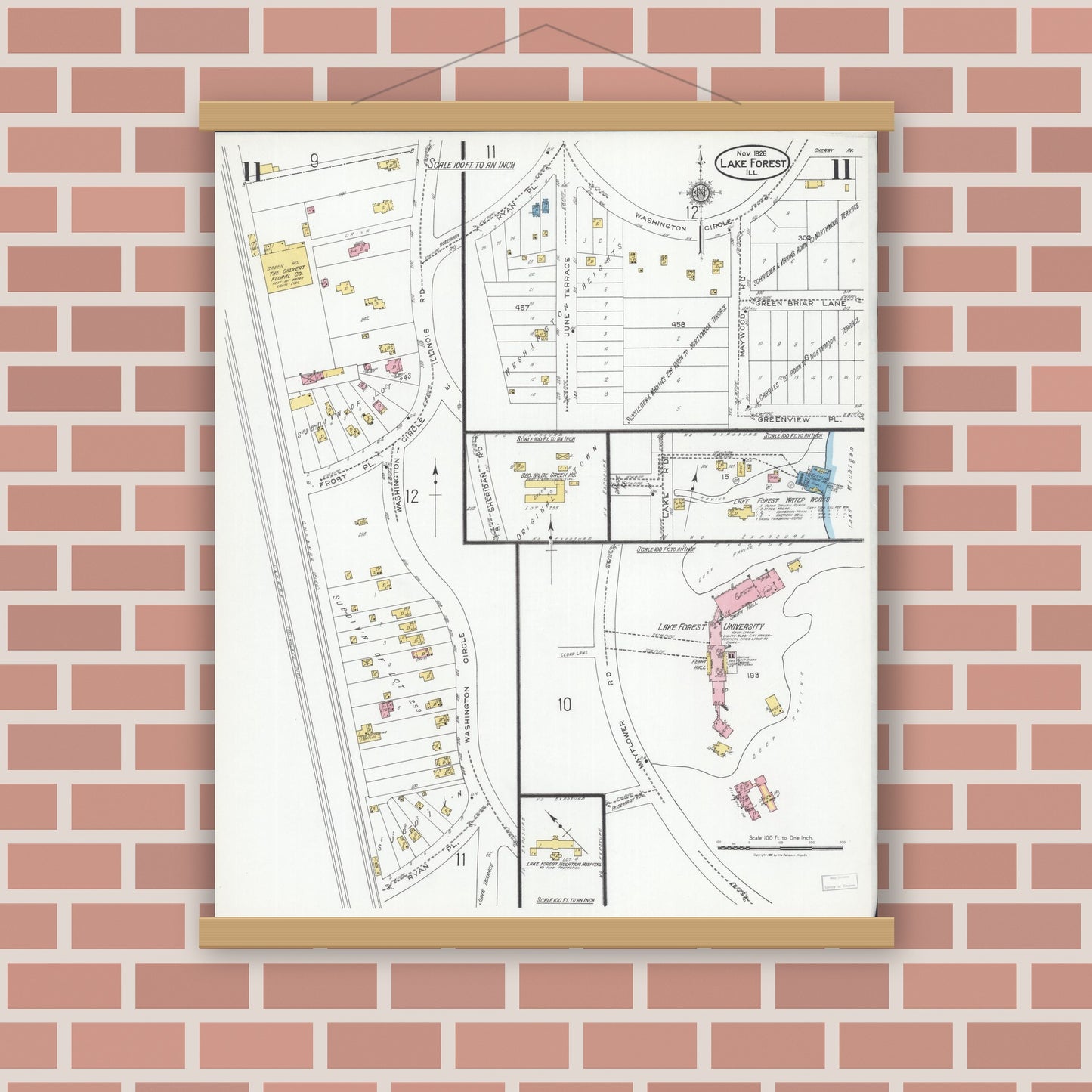 Old map wall art mockup — magnetic wood frame on brick wall — Sanborn Fire Insurance Map from Lake Forest, Lake County, Illinois (1926), Sheet #0011