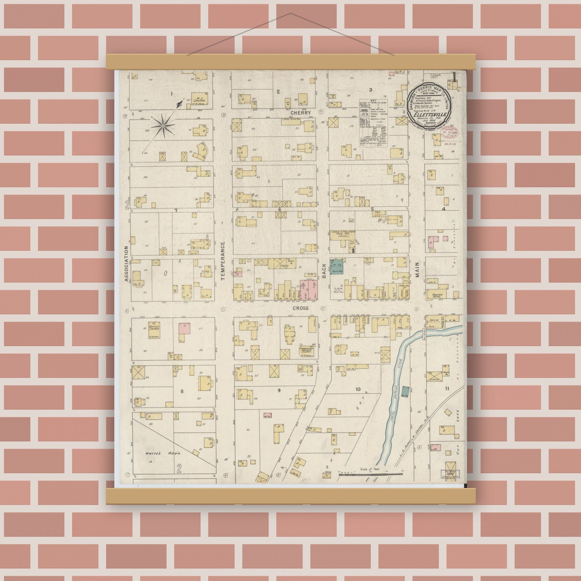 Old map wall art mockup — magnetic wood frame on brick wall — Sanborn Fire Insurance Map from Ellettsville, Monroe County, Indiana (1895) - Complete Map Set