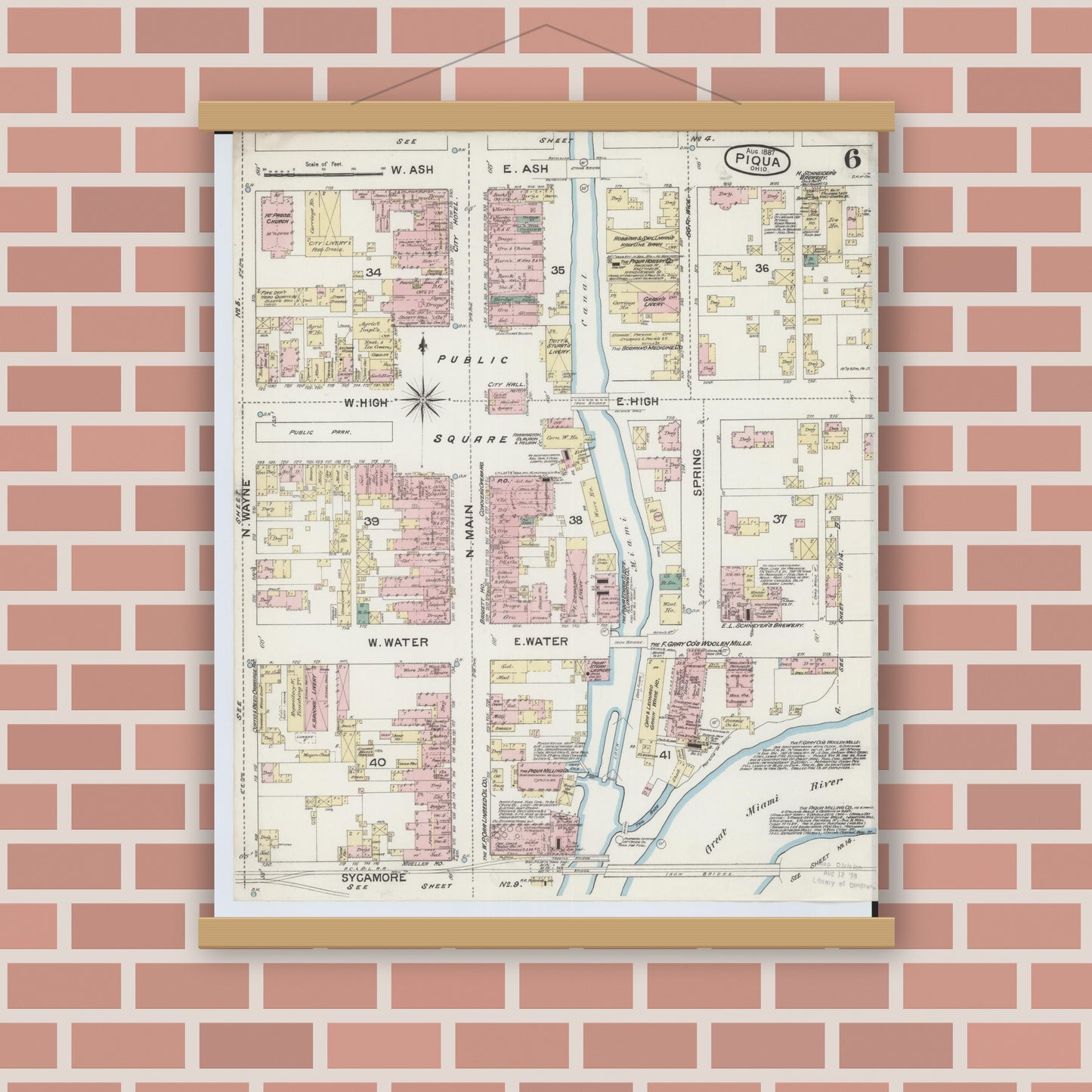 Old map wall art mockup — magnetic wood frame on brick wall — Sanborn Fire Insurance Map from Piqua, Miami County, Ohio (1887), Sheet #0006