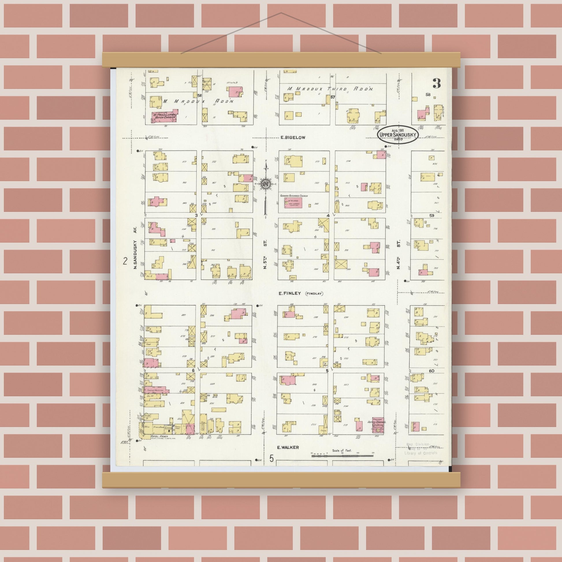 Old map wall art mockup — magnetic wood frame on brick wall — Sanborn Fire Insurance Map from Upper Sandusky, Wyandot County, Ohio (1911), Sheet #0003