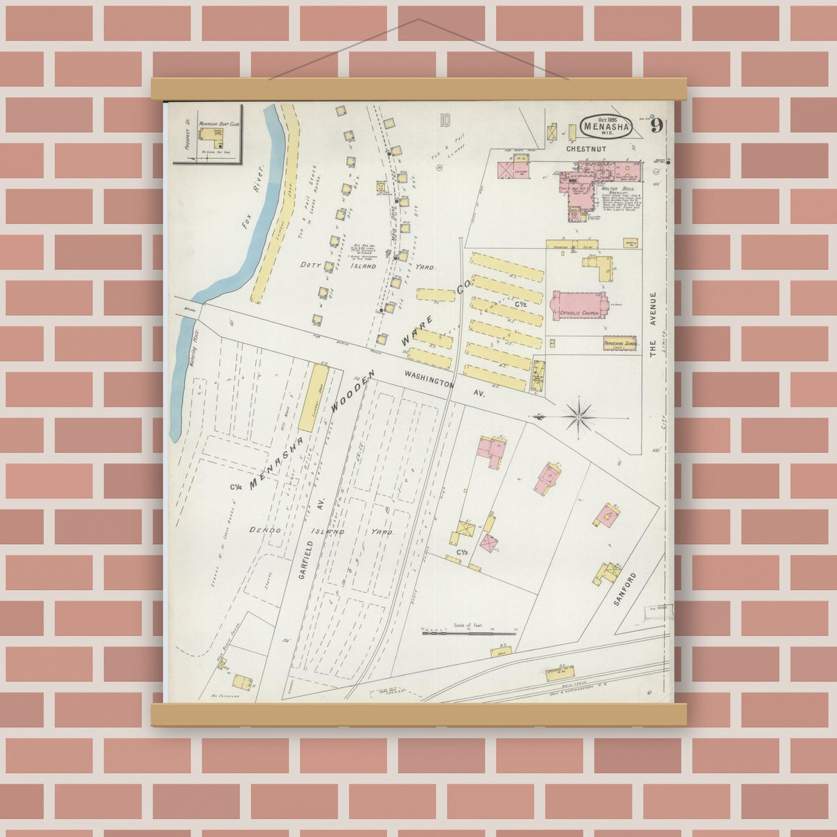 Old map wall art mockup — magnetic wood frame on brick wall — Sanborn Fire Insurance Map from Menasha, Winnebago County, Wisconsin (1895), Sheet #0009