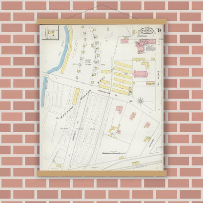 Old map wall art mockup — magnetic wood frame on brick wall — Sanborn Fire Insurance Map from Menasha, Winnebago County, Wisconsin (1895), Sheet #0009