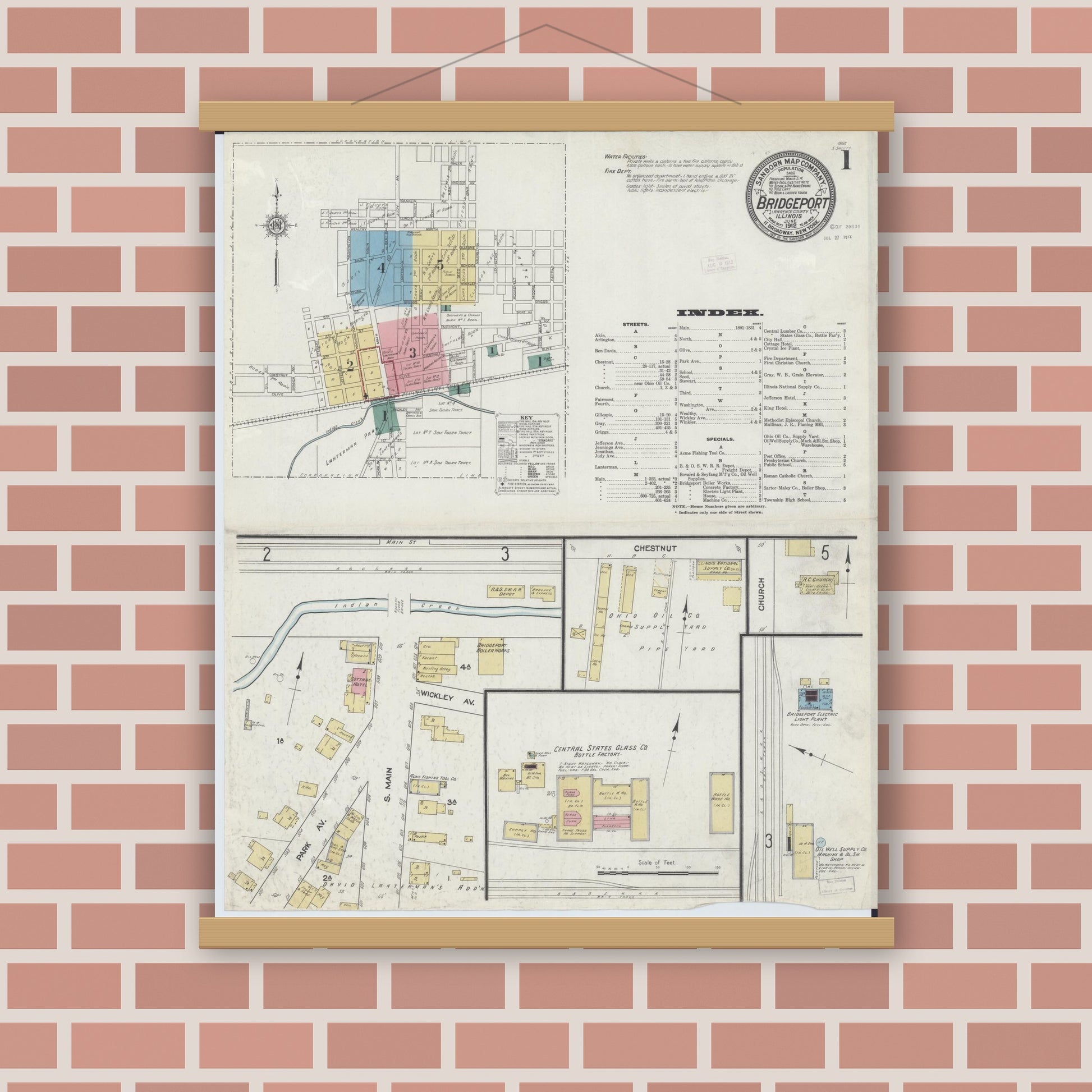 Old map wall art mockup — magnetic wood frame on brick wall — Sanborn Fire Insurance Map from Bridgeport, Lawrence County, Illinois (1912) - Complete Map Set