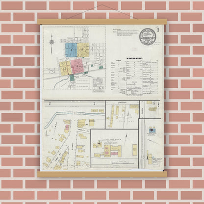Old map wall art mockup — magnetic wood frame on brick wall — Sanborn Fire Insurance Map from Bridgeport, Lawrence County, Illinois (1912) - Complete Map Set