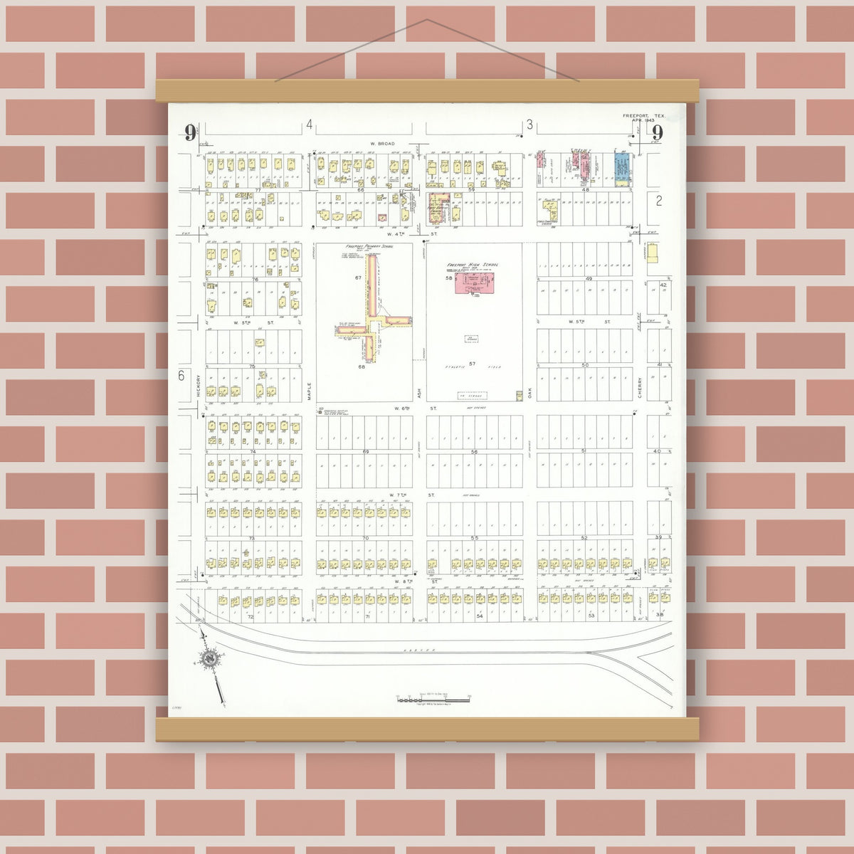 Old map wall art mockup — magnetic wood frame on brick wall — Sanborn Fire Insurance Map from Freeport, Brazoria County, Texas (1943), Sheet #0009
