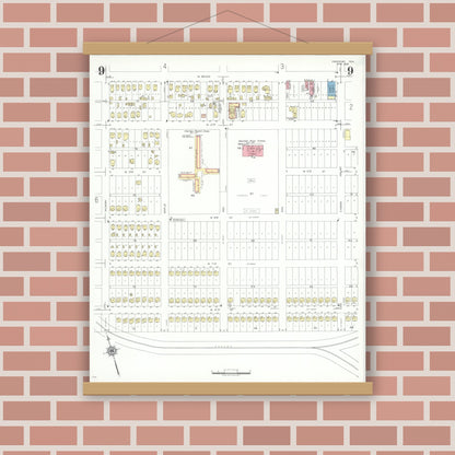 Old map wall art mockup — magnetic wood frame on brick wall — Sanborn Fire Insurance Map from Freeport, Brazoria County, Texas (1943), Sheet #0009