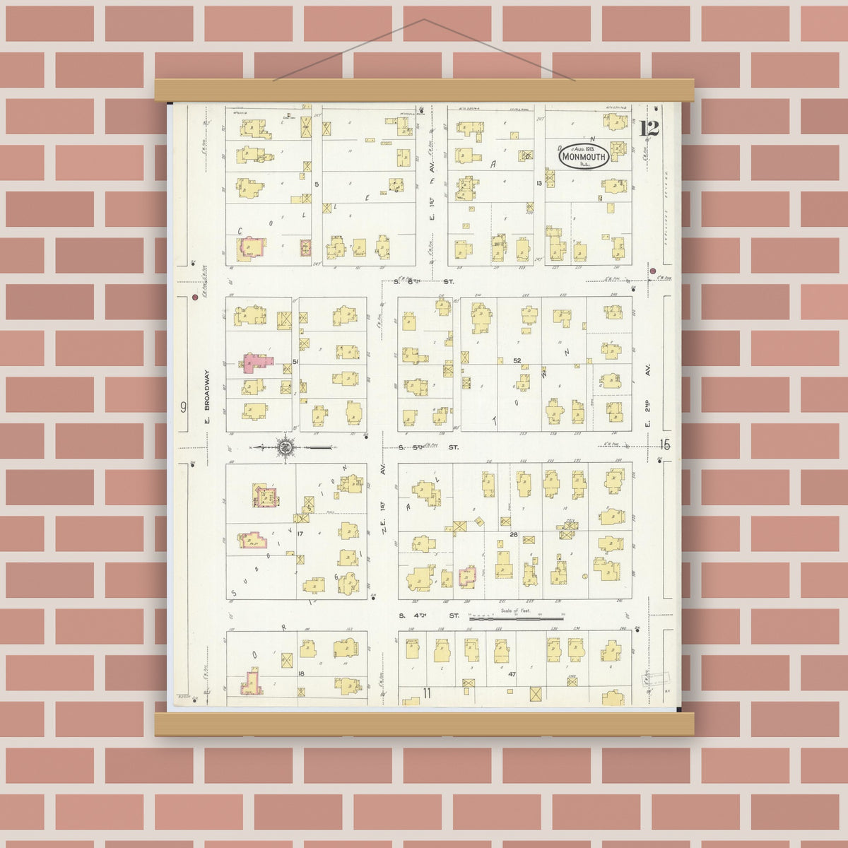 Old map wall art mockup — magnetic wood frame on brick wall — Sanborn Fire Insurance Map from Monmouth, Warren County, Illinois (1913), Sheet #0012