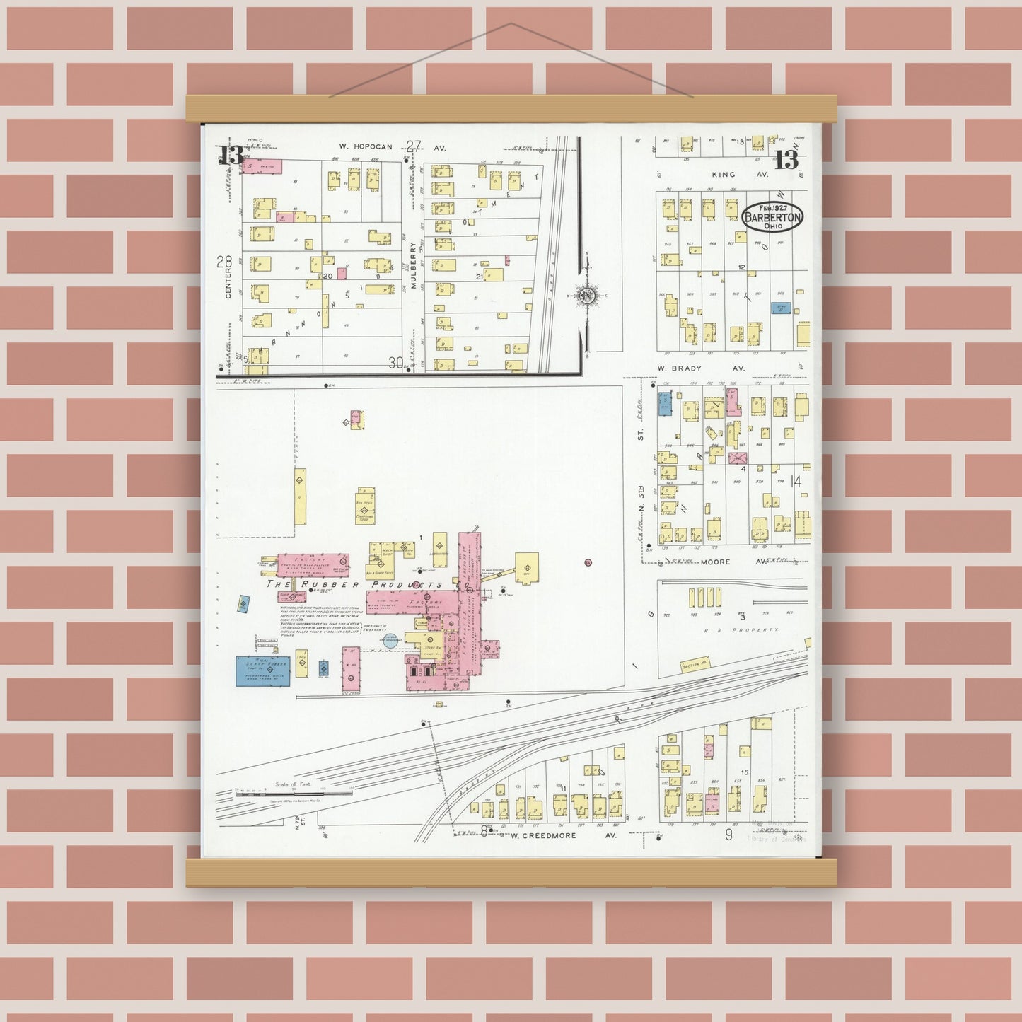 Old map wall art mockup — magnetic wood frame on brick wall — Sanborn Fire Insurance Map from Barberton, Summit County, Ohio (1927), Sheet #0013