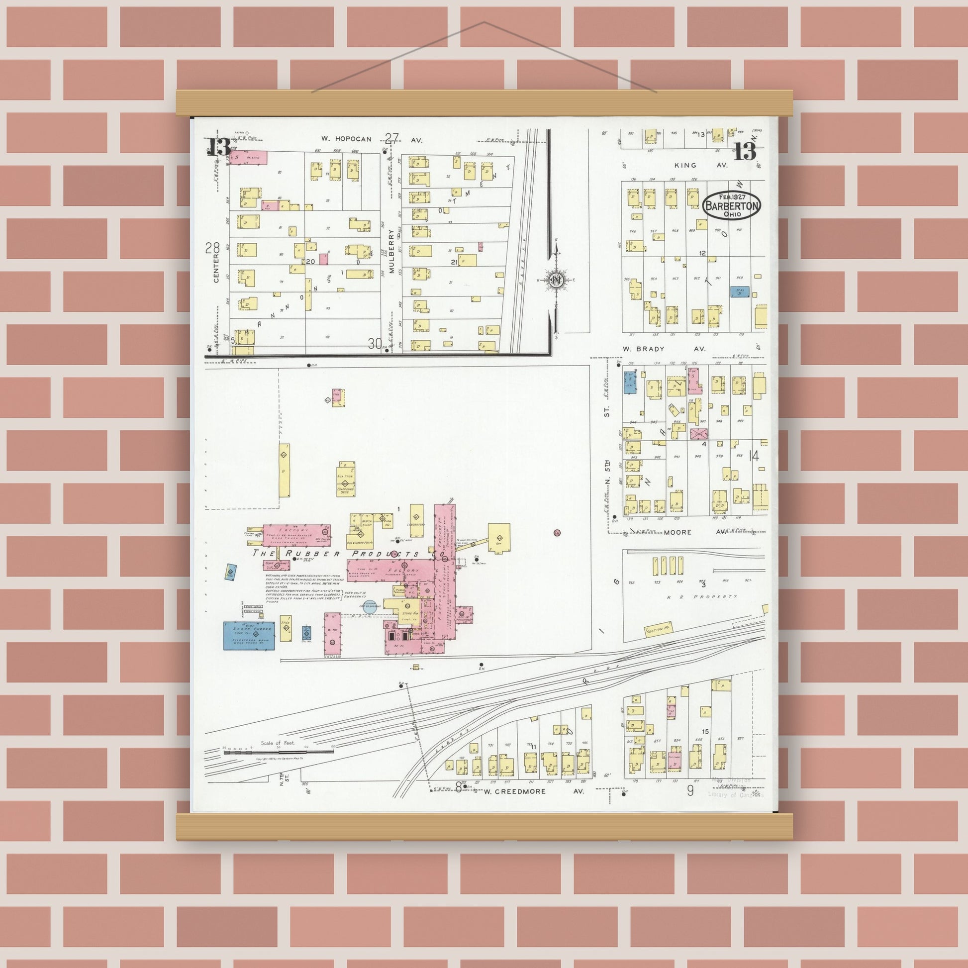 Old map wall art mockup — magnetic wood frame on brick wall — Sanborn Fire Insurance Map from Barberton, Summit County, Ohio (1927), Sheet #0013