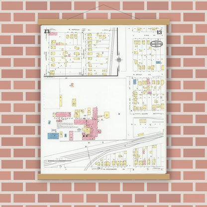 Old map wall art mockup — magnetic wood frame on brick wall — Sanborn Fire Insurance Map from Barberton, Summit County, Ohio (1927), Sheet #0013