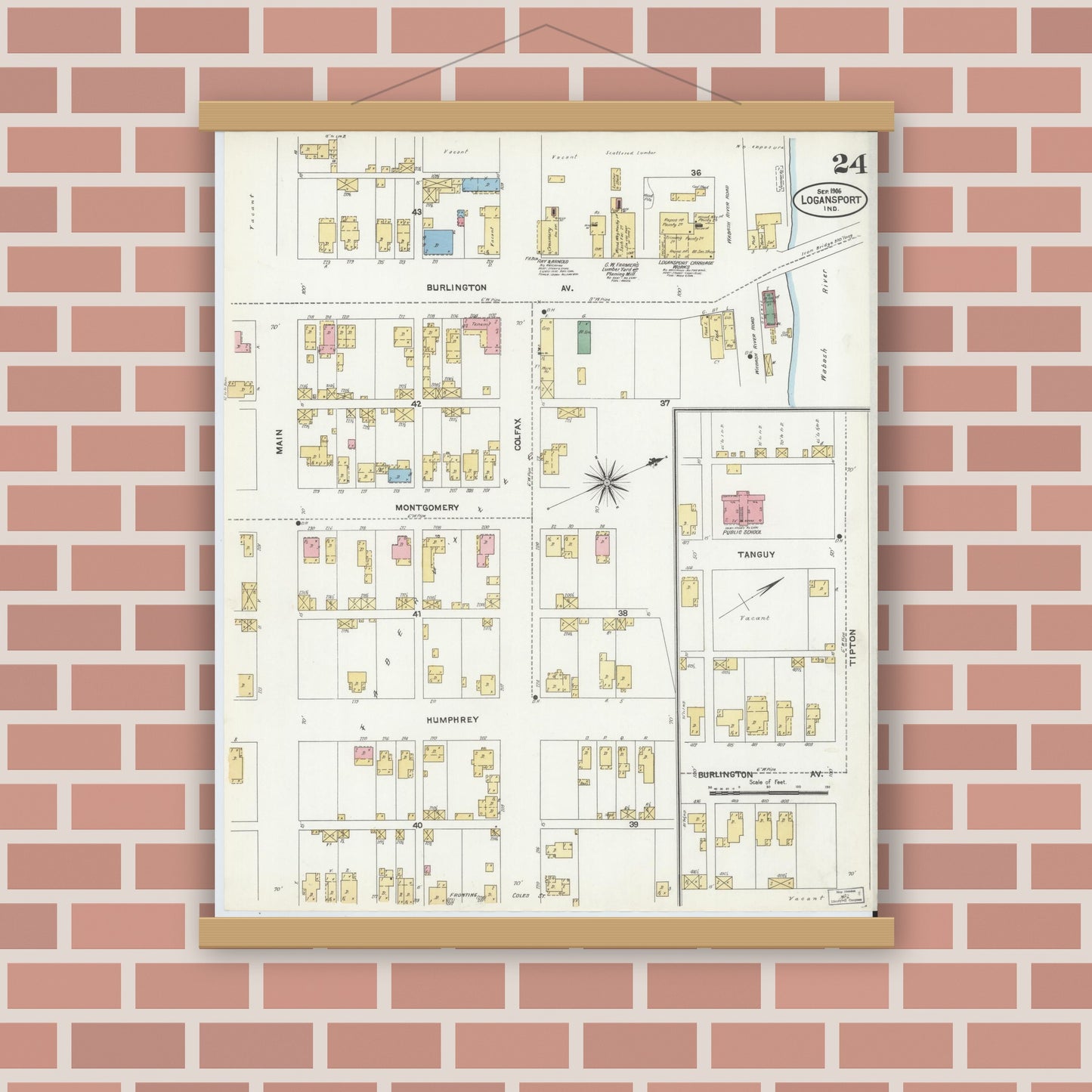 Old map wall art mockup — magnetic wood frame on brick wall — Sanborn Fire Insurance Map from Logansport, Cass County, Indiana (1906), Sheet #0024