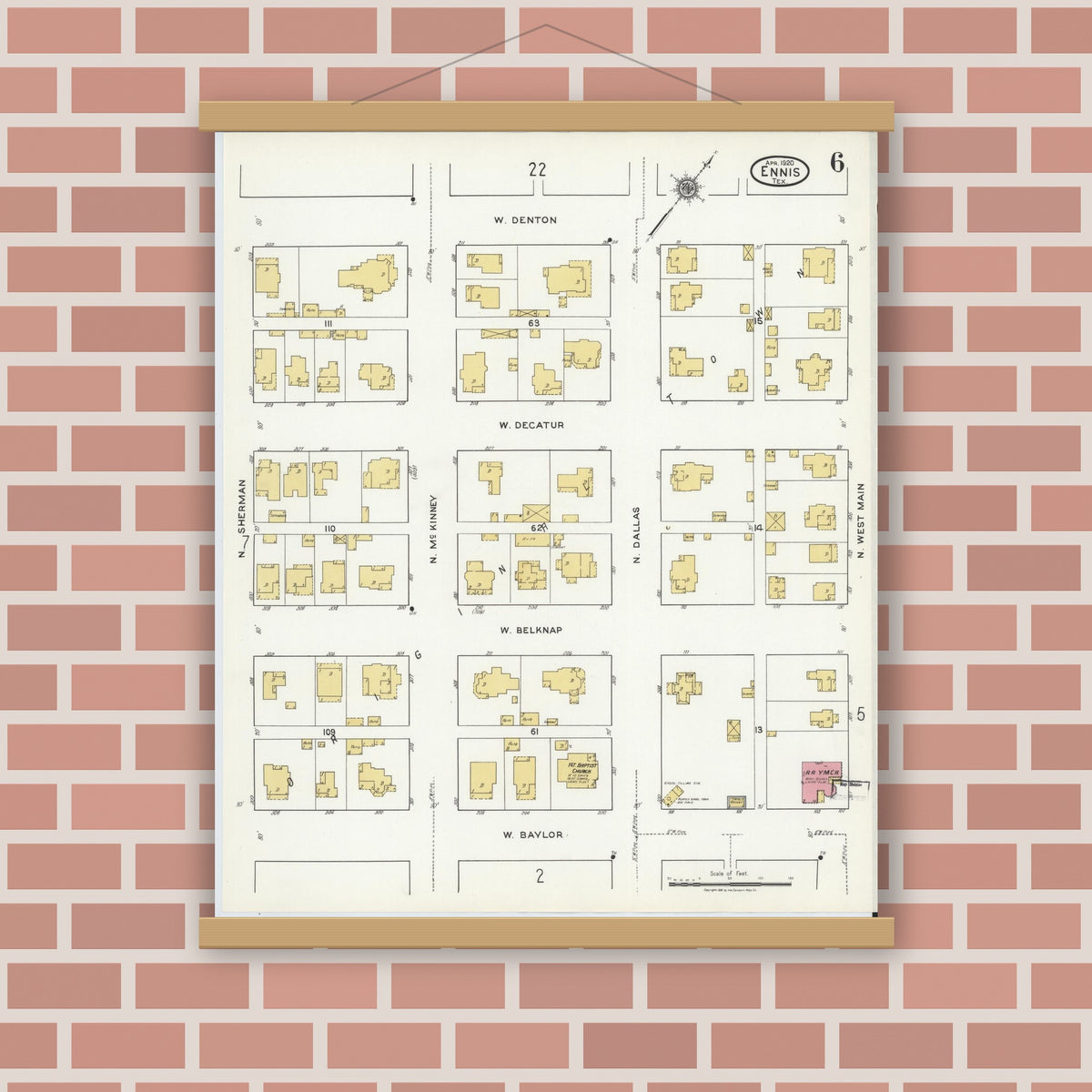 Old map wall art mockup — magnetic wood frame on brick wall — Sanborn Fire Insurance Map from Ennis, Ellis County, Texas (1920), Sheet #0006