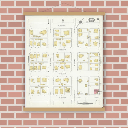 Old map wall art mockup — magnetic wood frame on brick wall — Sanborn Fire Insurance Map from Ennis, Ellis County, Texas (1920), Sheet #0006
