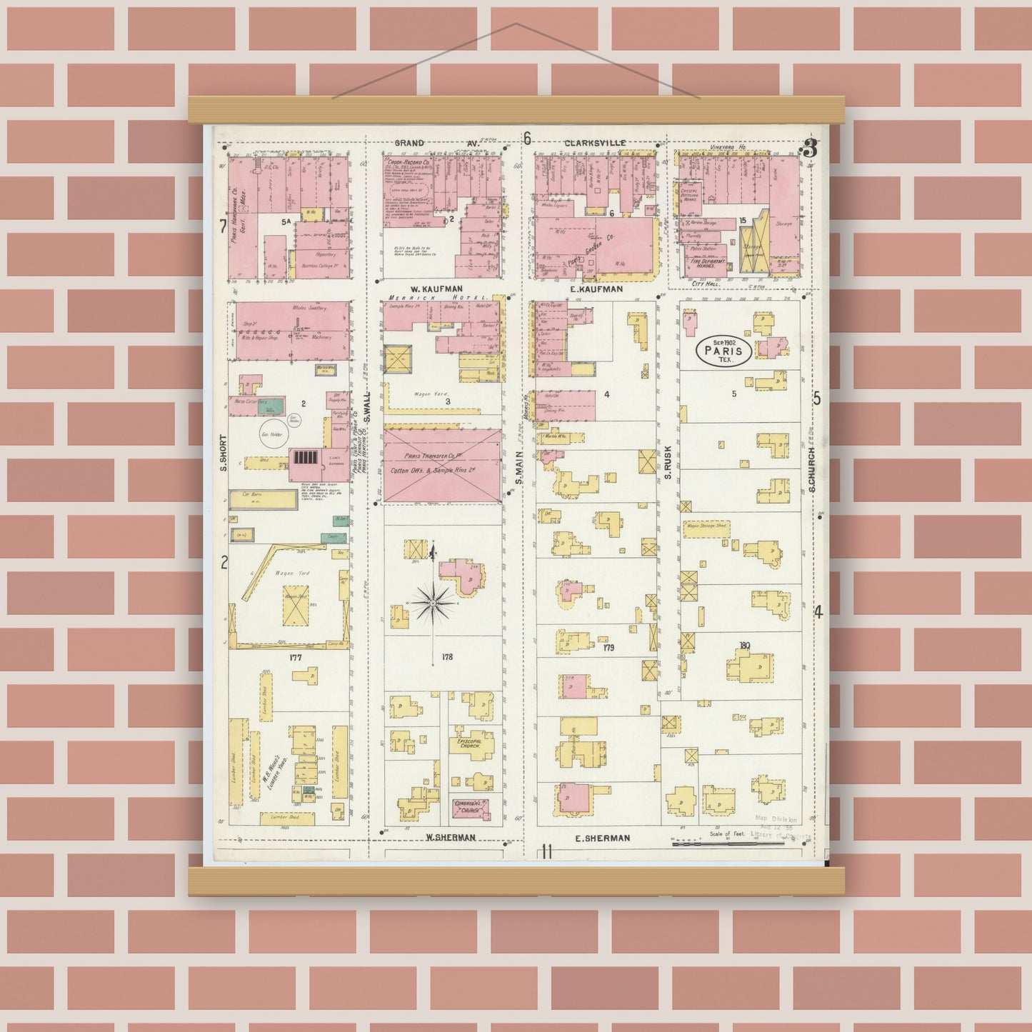 Old map wall art mockup — magnetic wood frame on brick wall — Sanborn Fire Insurance Map from Paris, Lamar County, Texas (1902), Sheet #0003