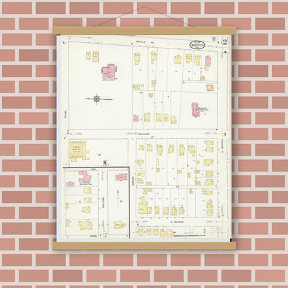 Old map wall art mockup — magnetic wood frame on brick wall — Sanborn Fire Insurance Map from Wooster, Wayne County, Ohio (1911), Sheet #0002